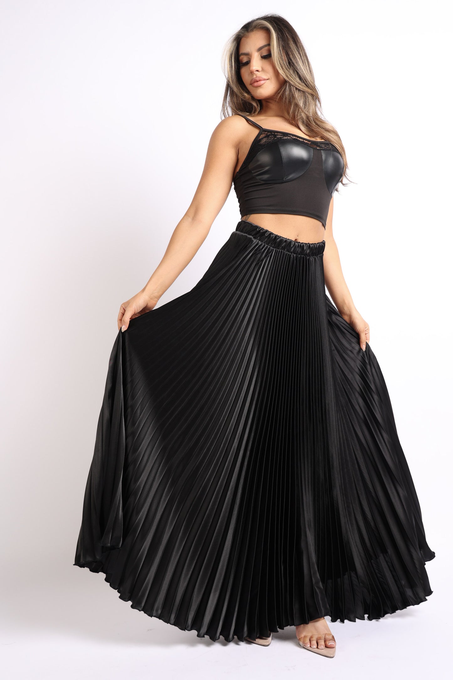 Be Extra Elegant High Waist Pleated Maxi Skirt (Black)
