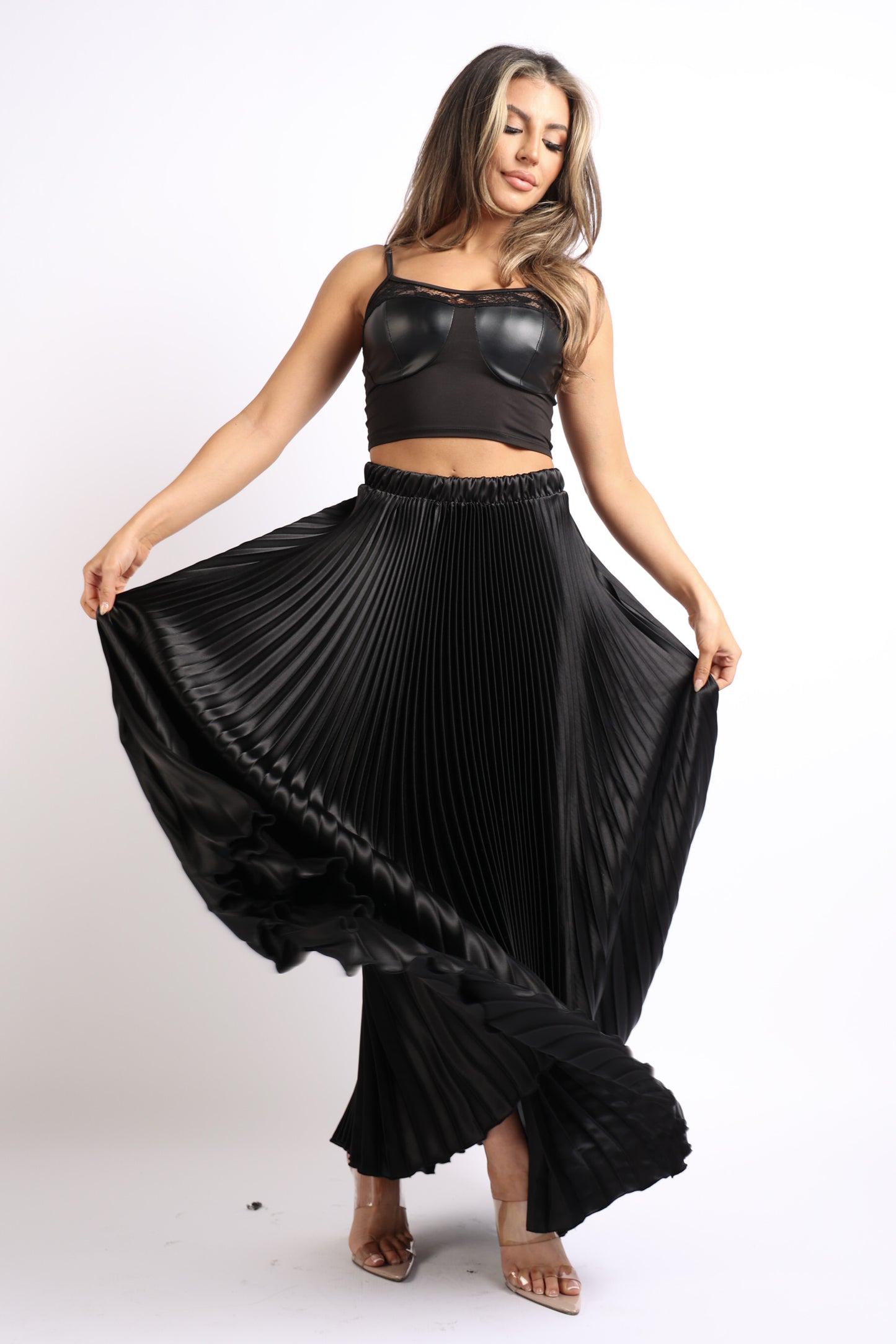 Be Extra Elegant High Waist Pleated Maxi Skirt (Black)