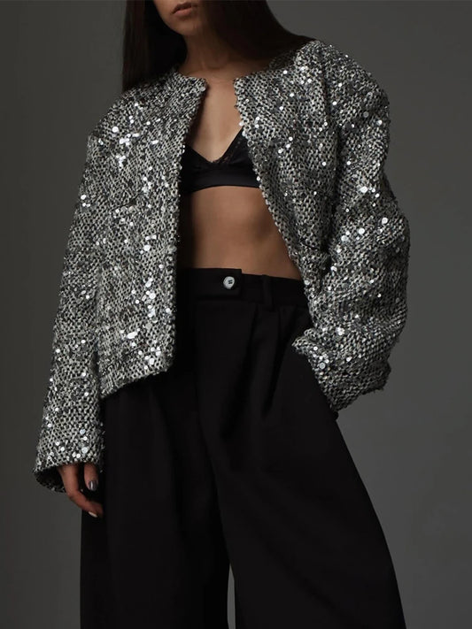 Stylish sequin women's silver jacket