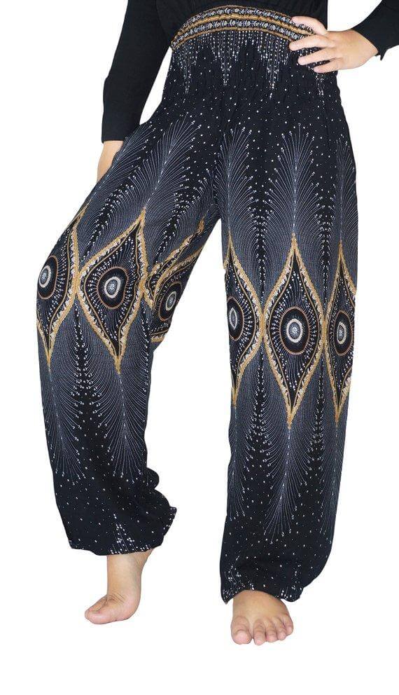 Black Handmade Boho Pants with Peacock Design - BeExtra! Apparel & More