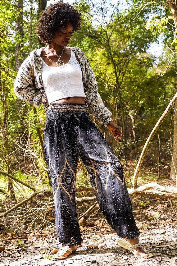Black Handmade Boho Pants with Peacock Design - BeExtra! Apparel & More
