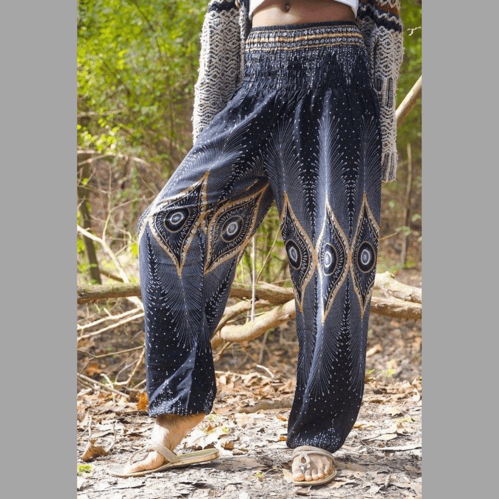 Black Handmade Boho Pants with Peacock Design - BeExtra! Apparel & More