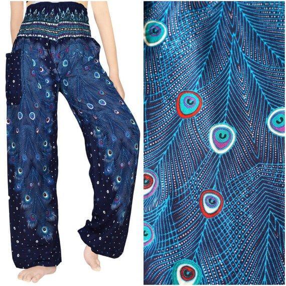 Blue Loose Handmade Boho Pants with Peacock Pattern - BeExtra! Apparel & More
