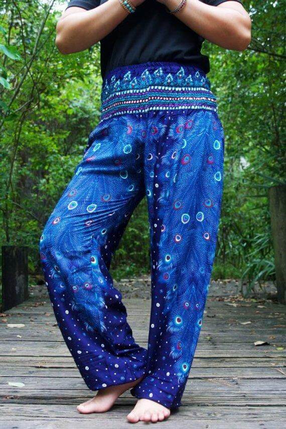 Blue Loose Handmade Boho Pants with Peacock Pattern - BeExtra! Apparel & More