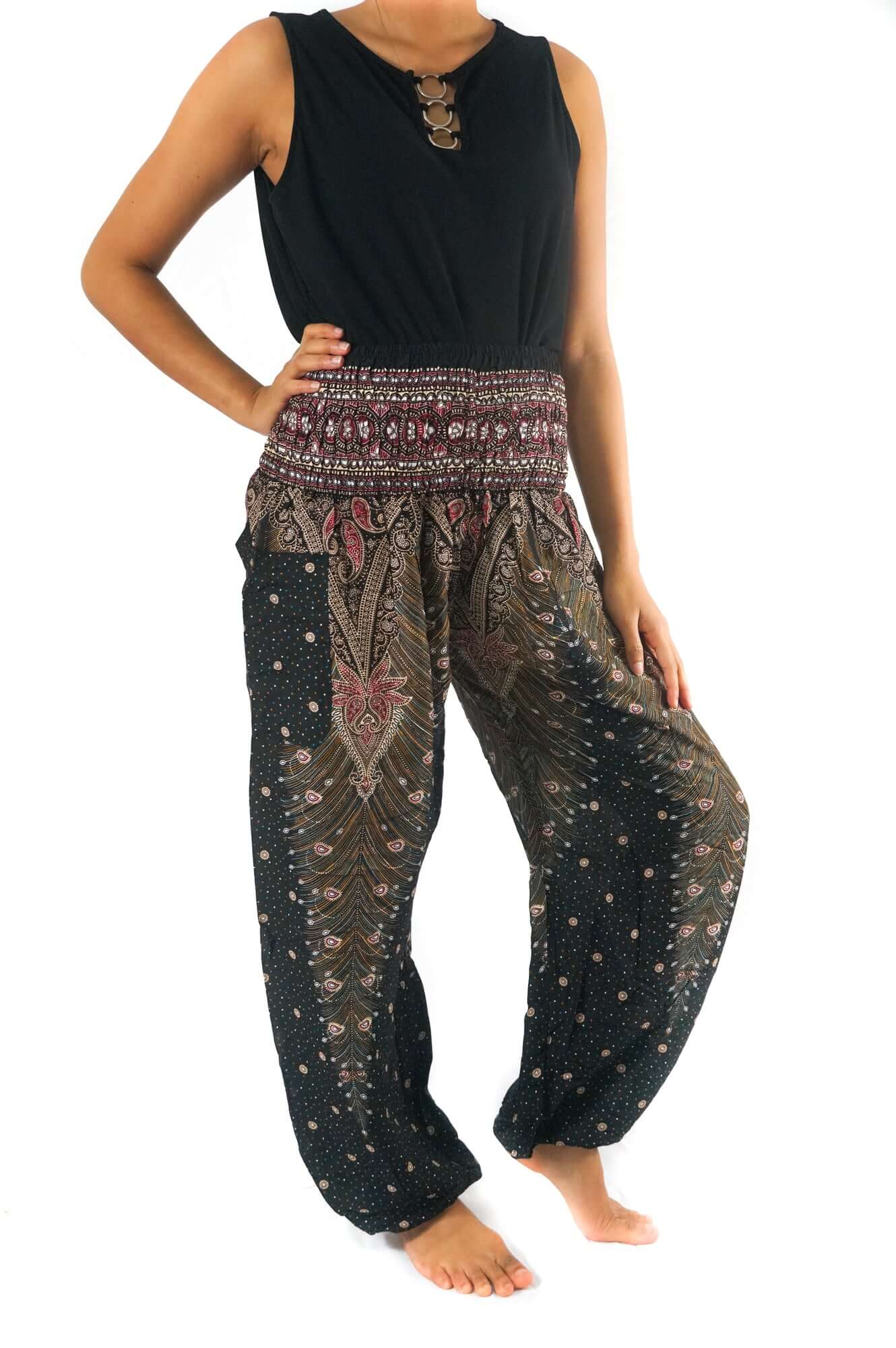 Brown Pink Peacock Womens Boho Harem Pants - BeExtra! Apparel & More