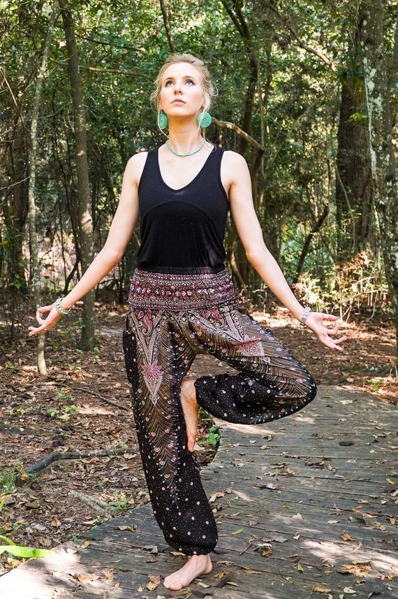 Brown Pink Peacock Womens Boho Harem Pants - BeExtra! Apparel & More