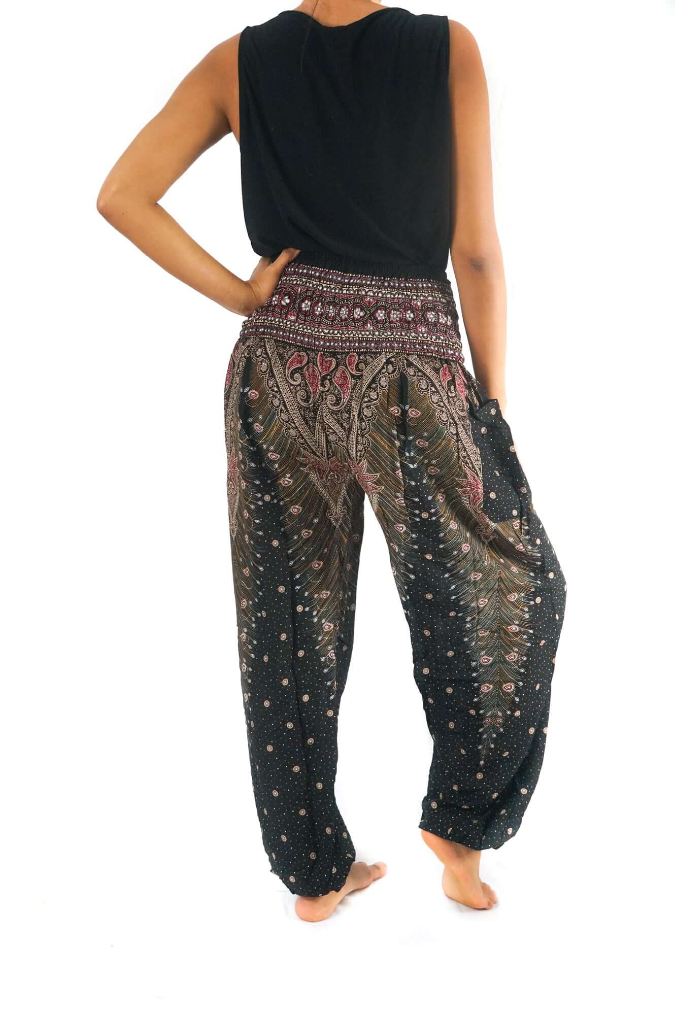 Brown Pink Peacock Womens Boho Harem Pants - BeExtra! Apparel & More