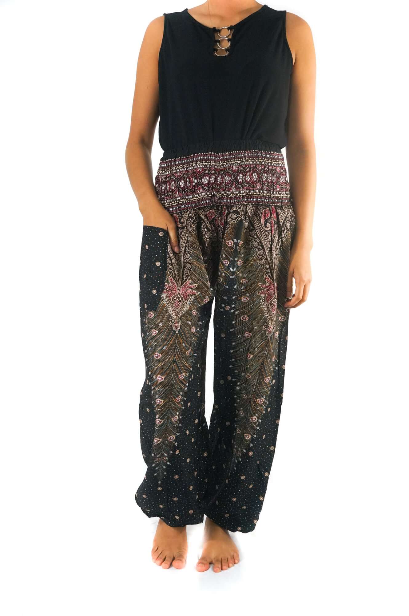 Brown Pink Peacock Womens Boho Harem Pants - BeExtra! Apparel & More