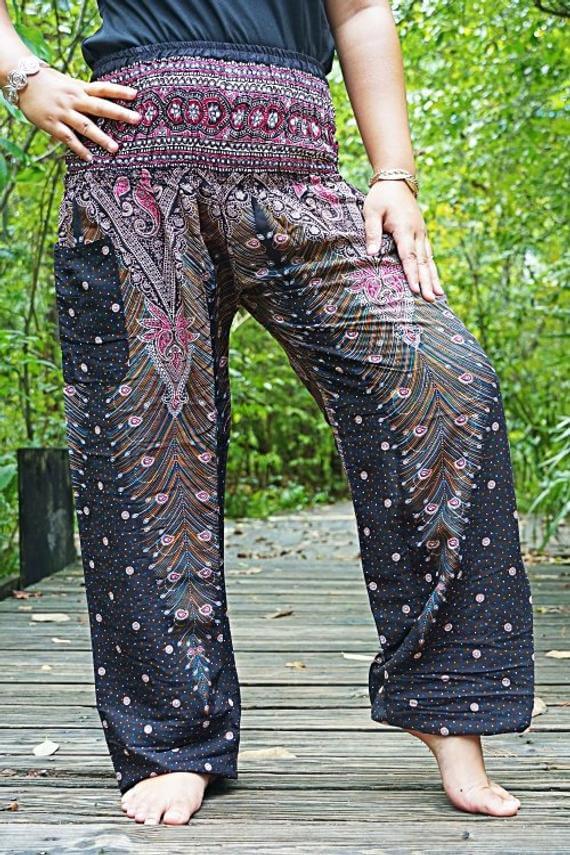 Brown Pink Peacock Womens Boho Harem Pants - BeExtra! Apparel & More