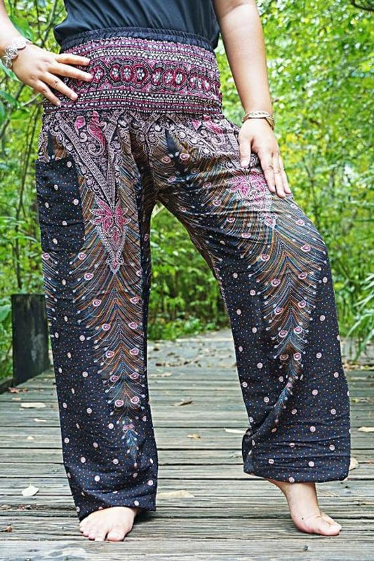 Brown Pink Peacock Womens Boho Harem Pants - BeExtra! Apparel & More