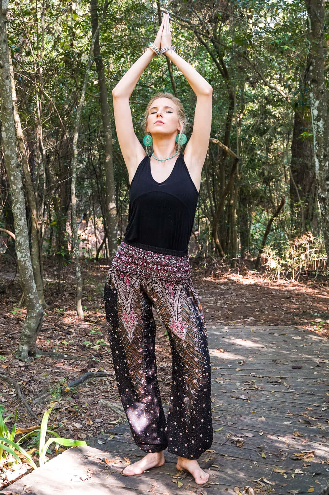 Brown Pink Peacock Womens Boho Harem Pants - BeExtra! Apparel & More