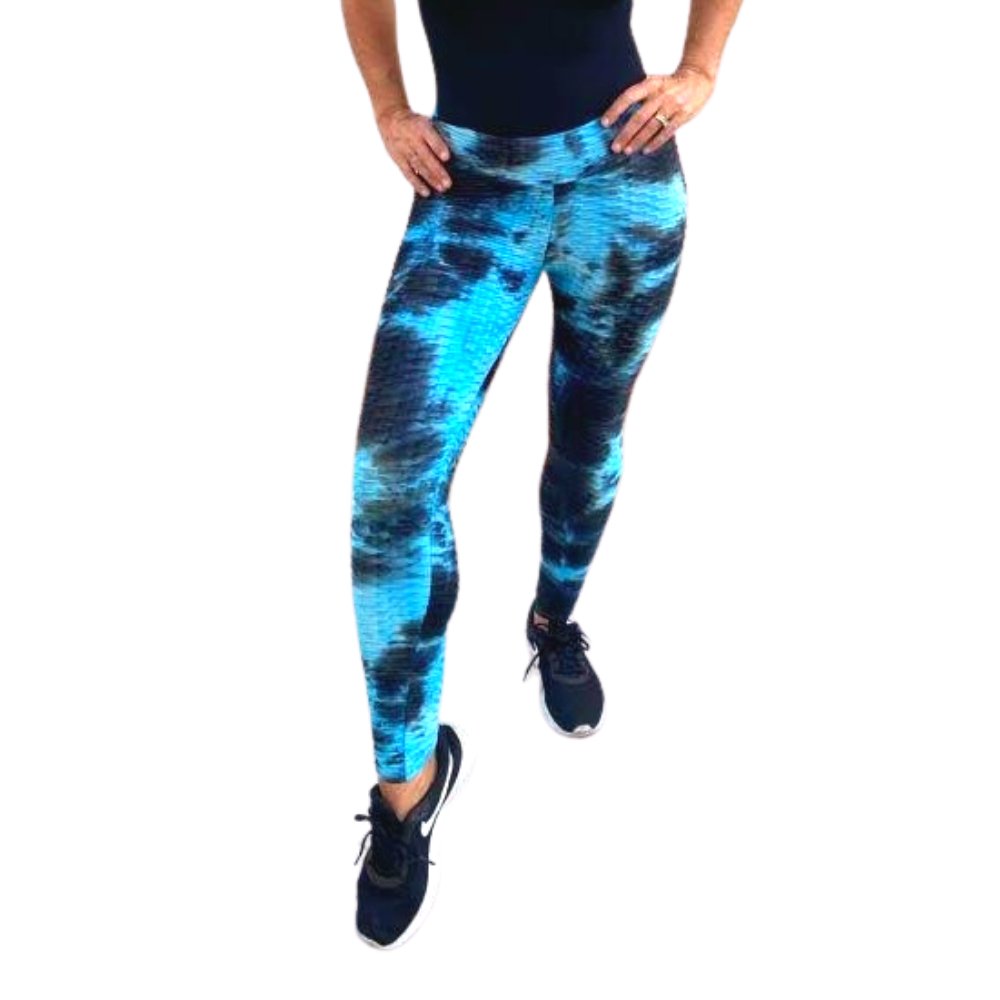 High Waist Tie Dye Butt Lifting Textured Workout Leggings (Blue/Black) - BeExtra! Apparel & More