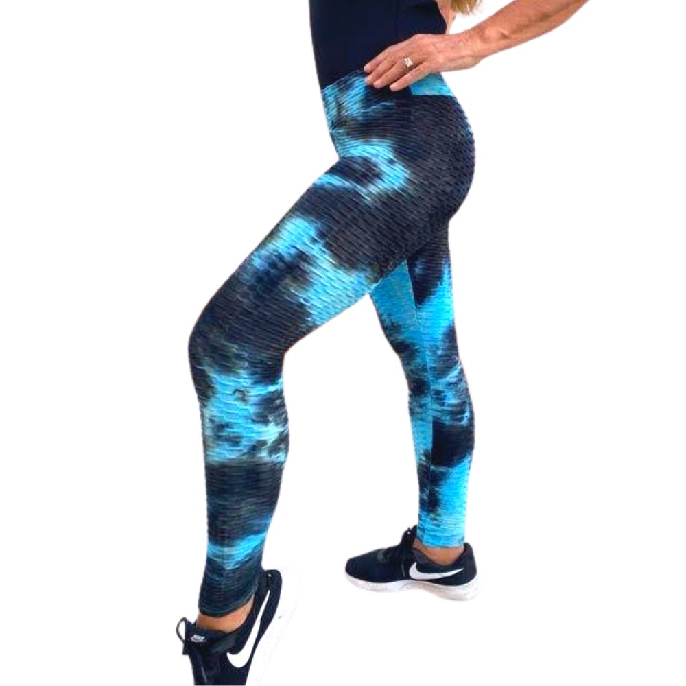 High Waist Tie Dye Butt Lifting Textured Workout Leggings (Blue/Black) - BeExtra! Apparel & More