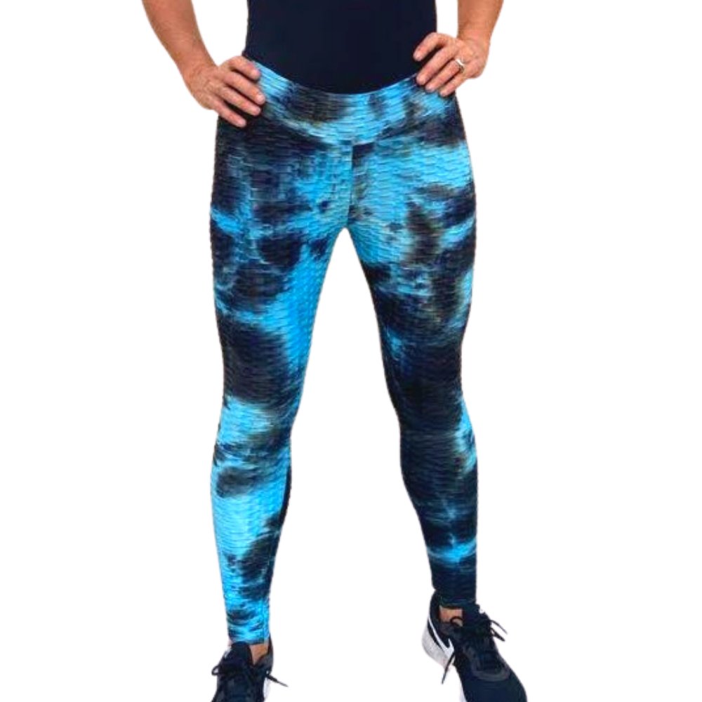 High Waist Tie Dye Butt Lifting Textured Workout Leggings (Blue/Black) - BeExtra! Apparel & More