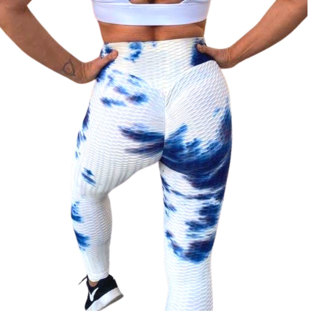 High Waist Tie Dye Butt Lifting Textured Workout Leggings (Blue/White) - BeExtra! Apparel & More