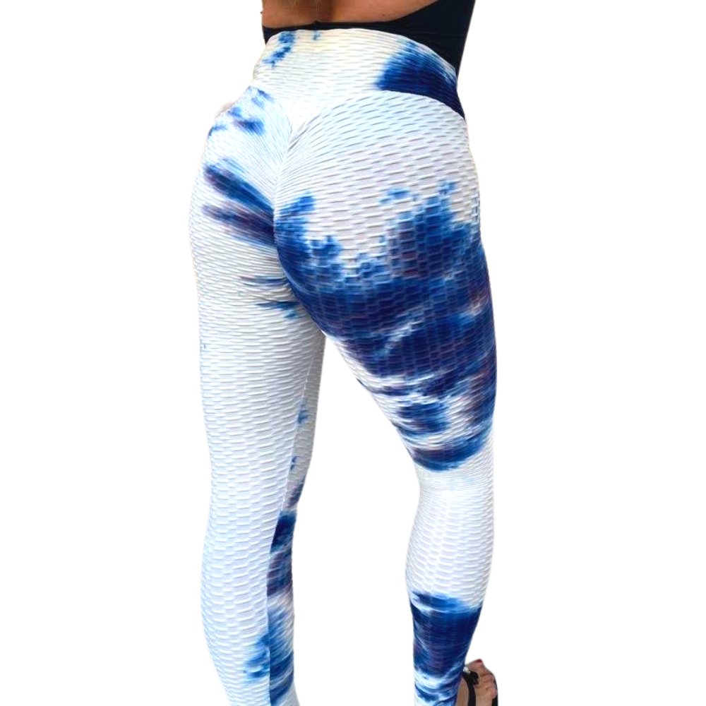 High Waist Tie Dye Butt Lifting Textured Workout Leggings (Blue/White) - BeExtra! Apparel & More