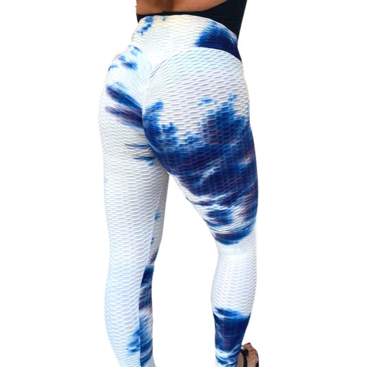 High Waist Tie Dye Butt Lifting Textured Workout Leggings (Blue/White) - BeExtra! Apparel & More