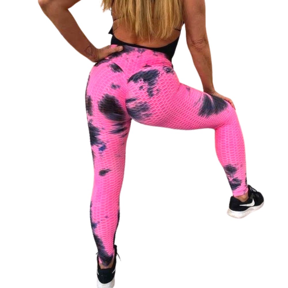 High Waist Tie Dye Butt Lifting Textured Workout Leggings (Pink/Black) - BeExtra! Apparel & More