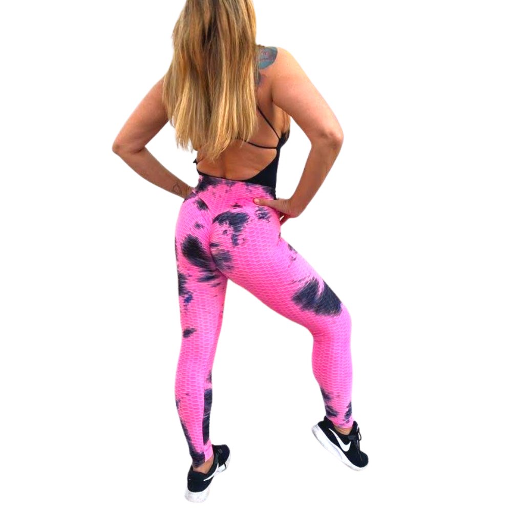 High Waist Tie Dye Butt Lifting Textured Workout Leggings (Pink/Black) - BeExtra! Apparel & More
