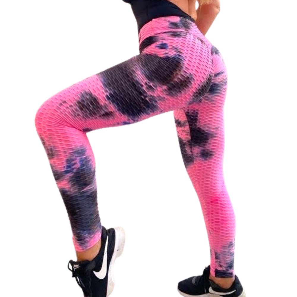 High Waist Tie Dye Butt Lifting Textured Workout Leggings (Pink/Black) - BeExtra! Apparel & More