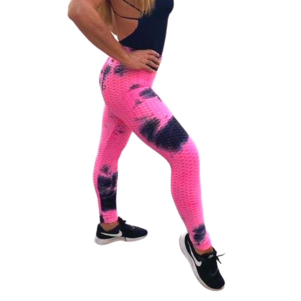 High Waist Tie Dye Butt Lifting Textured Workout Leggings (Pink/Black) - BeExtra! Apparel & More