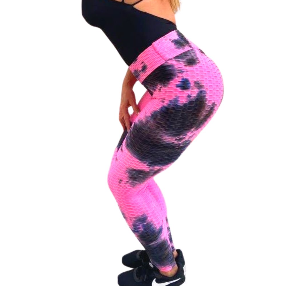 High Waist Tie Dye Butt Lifting Textured Workout Leggings (Pink/Black) - BeExtra! Apparel & More