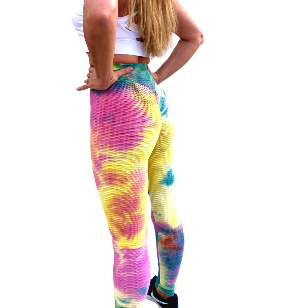 High Waist Tie Dye Butt Lifting Textured Workout Leggings (Rainbow) - BeExtra! Apparel & More