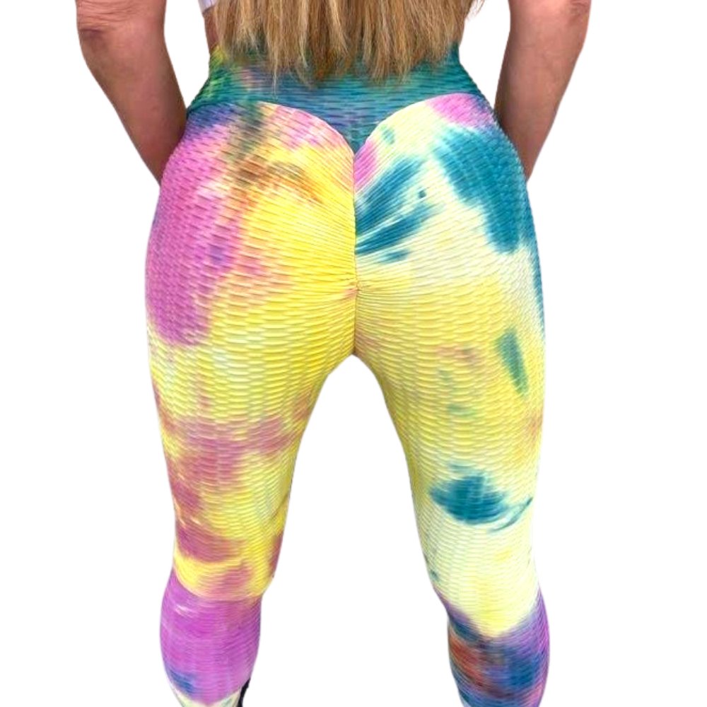 High Waist Tie Dye Butt Lifting Textured Workout Leggings (Rainbow) - BeExtra! Apparel & More