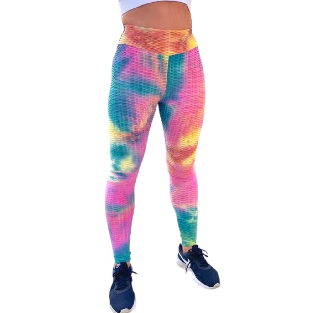 High Waist Tie Dye Butt Lifting Textured Workout Leggings (Rainbow) - BeExtra! Apparel & More