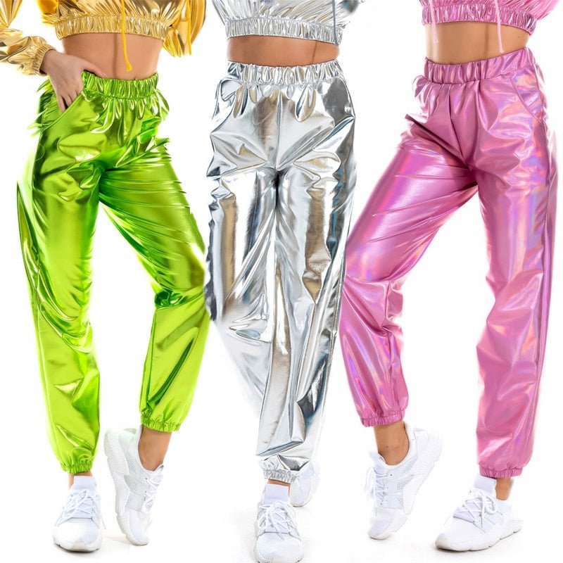 Women's Shiny Metallic High Waist Sweatpants Palestine