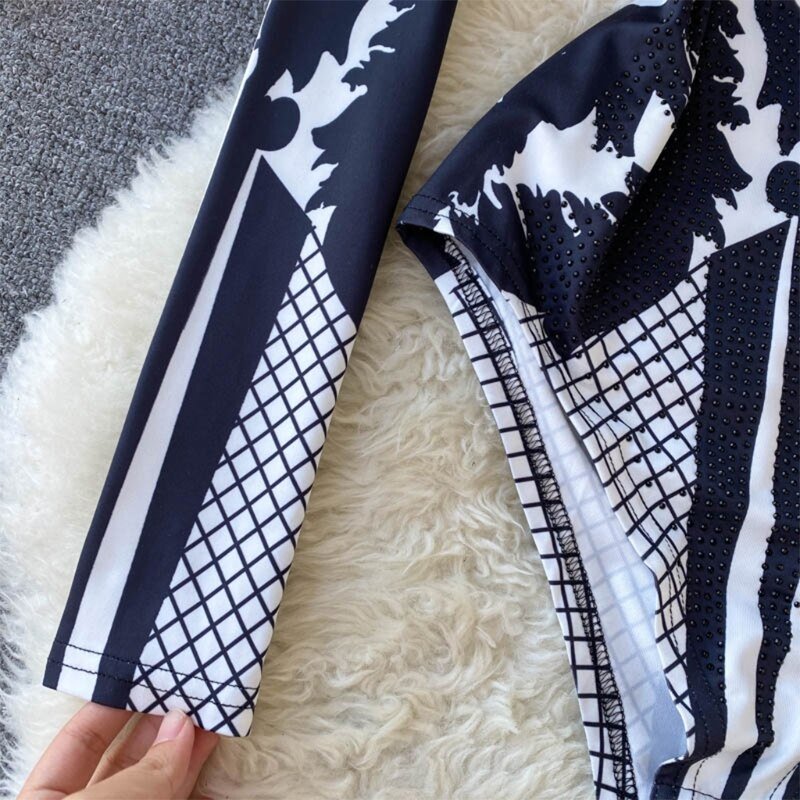Long Sleeve Black and White Bodysuit with Rhinestones - BeExtra! Apparel & More