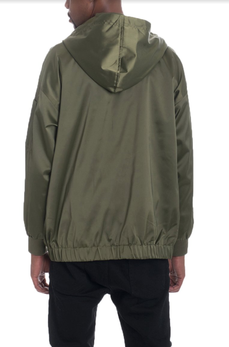 Man's Olive Satin Hooded Bomber Jacket - BeExtra! Apparel & More