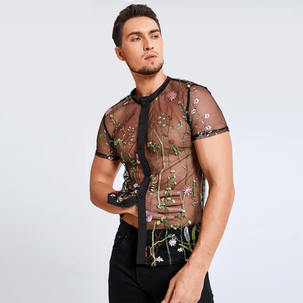 Men's Mesh Button-up Embroidered Shirt - BeExtra! Apparel & More