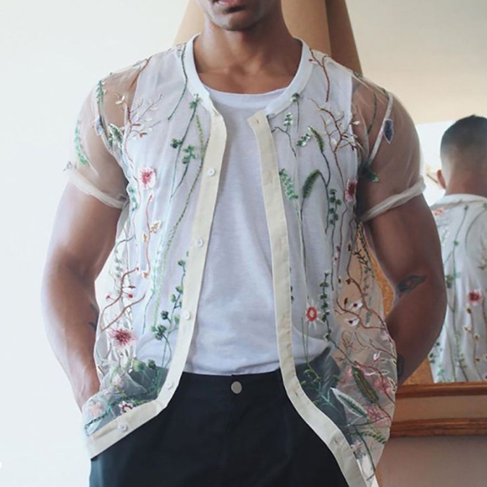 Men's Mesh Button-up Embroidered Shirt - BeExtra! Apparel & More