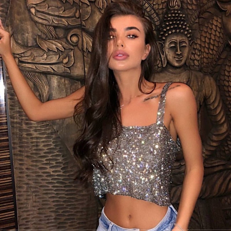 Night Out Sparkly Rhinestones Crop Top with Straps - BeExtra! Apparel & More