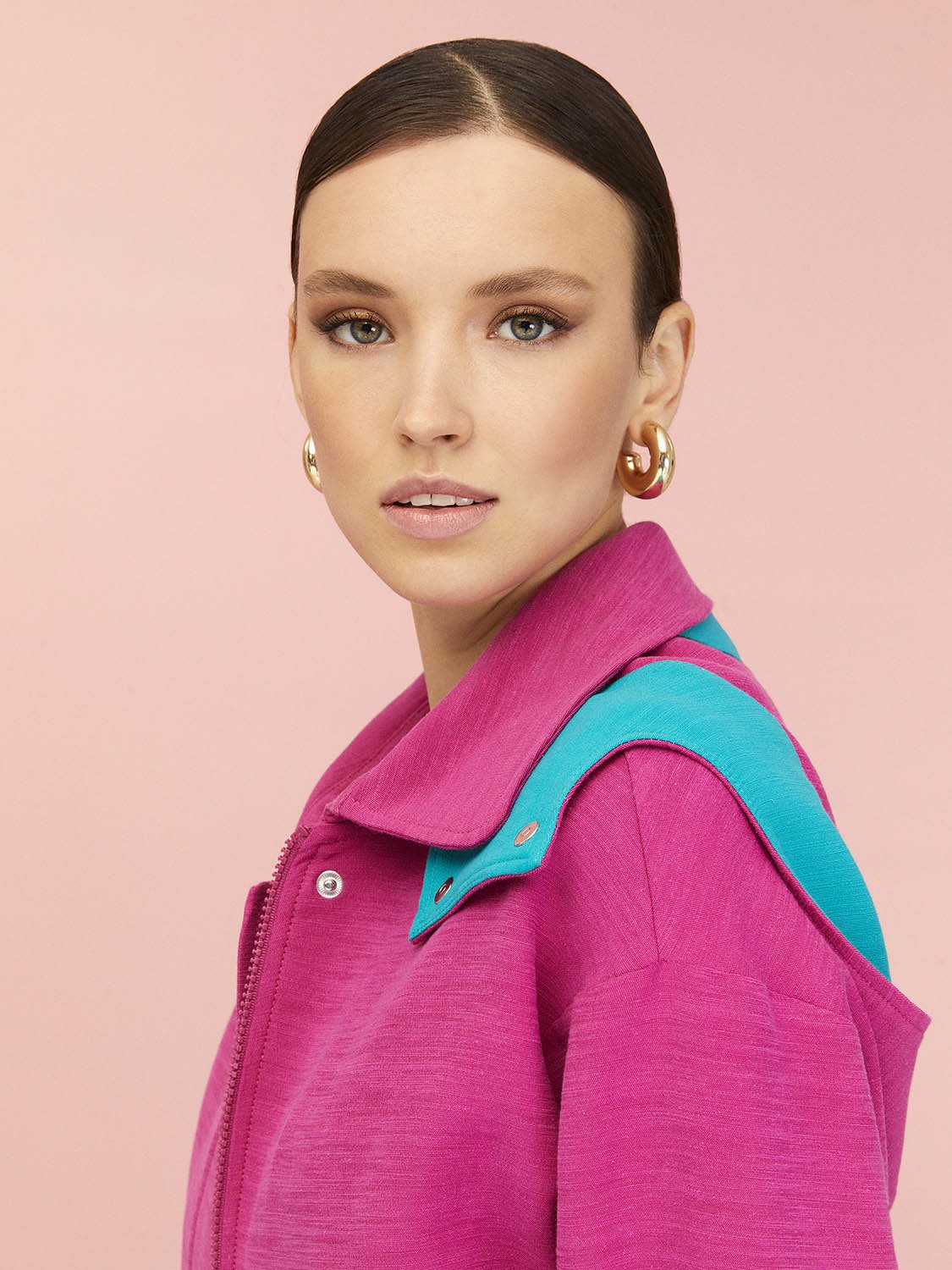 Pink Block Cropped Jacket with Removable Hood - BeExtra! Apparel & More