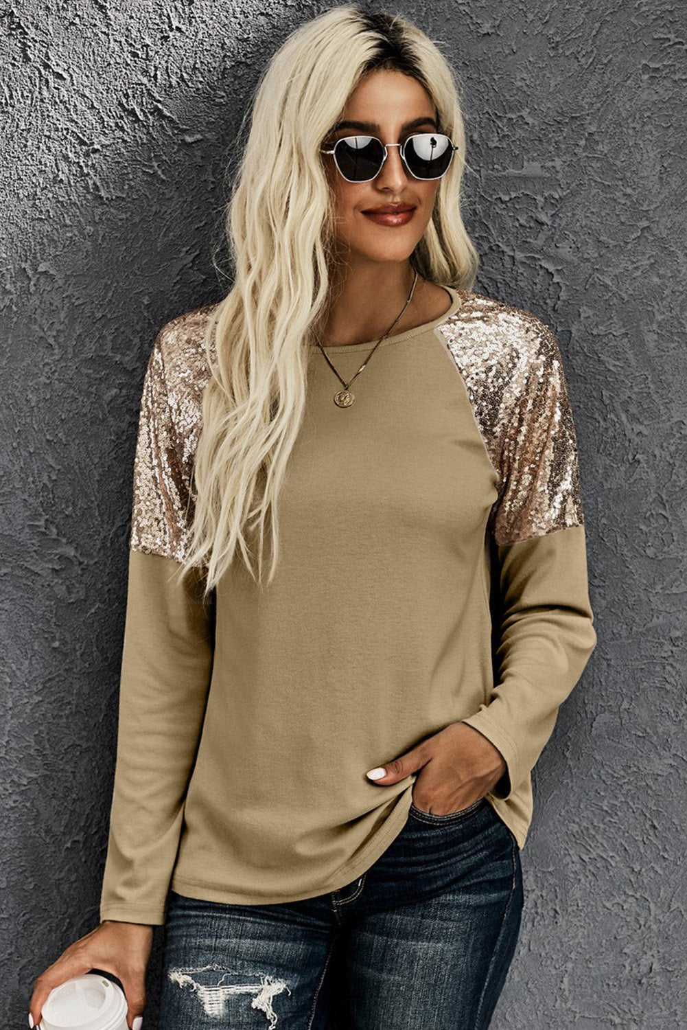 Shiny Sequin Shoulder Long Sleeve Top - BeExtra! Apparel & More