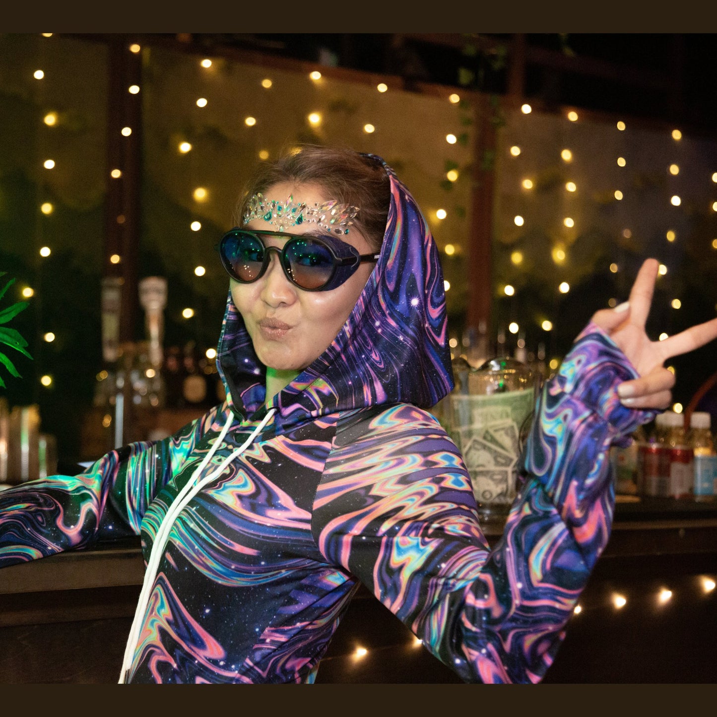 Trippy Festival Hooded Bodysuit with Long Sleeves - BeExtra! Apparel & More