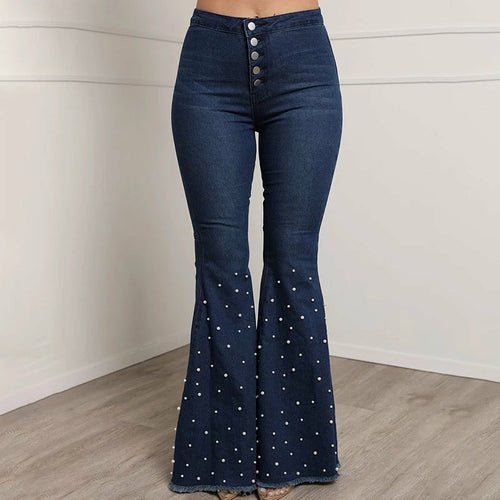Vibrant High Waist Women’s Flare Denim Jeans with Beads - BeExtra! Apparel & More