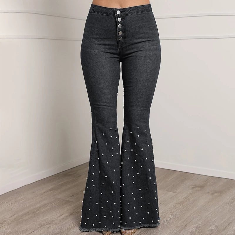 Vibrant High Waist Women’s Flare Denim Jeans with Beads - BeExtra! Apparel & More