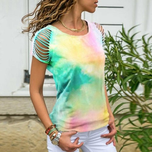 Women's Tie-dye T-shirt with Shredded Sleeves - BeExtra! Apparel & More