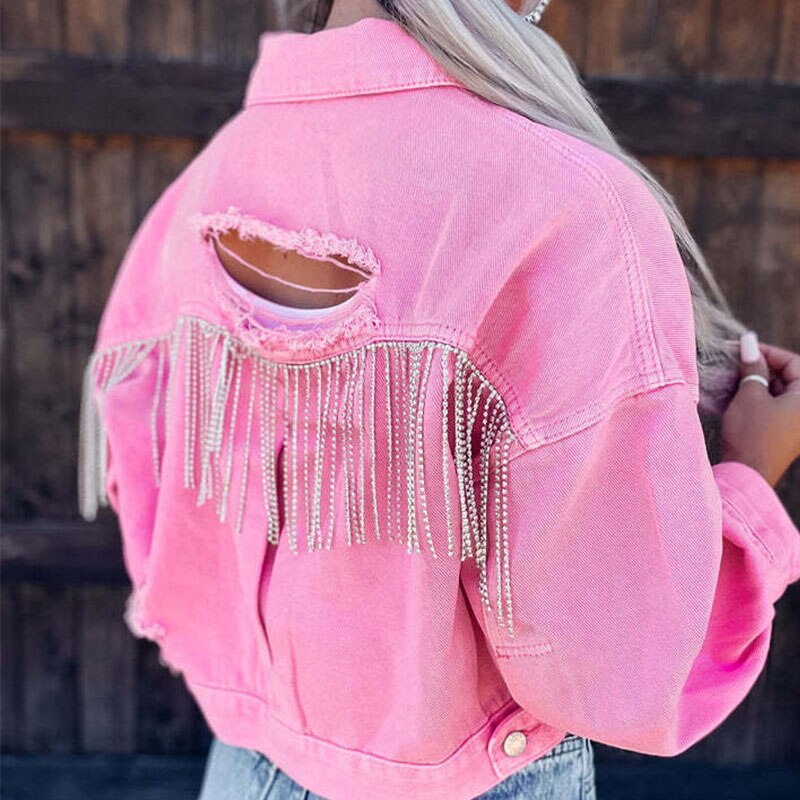 Pink Women's cropped denim jacket with unique back design