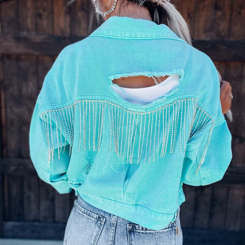 Women's cropped denim jacket with unique back design