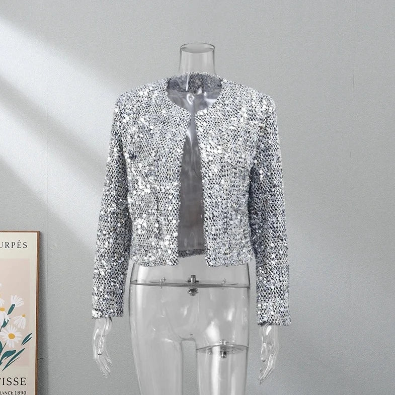 Stylish sequin women's silver jacket 