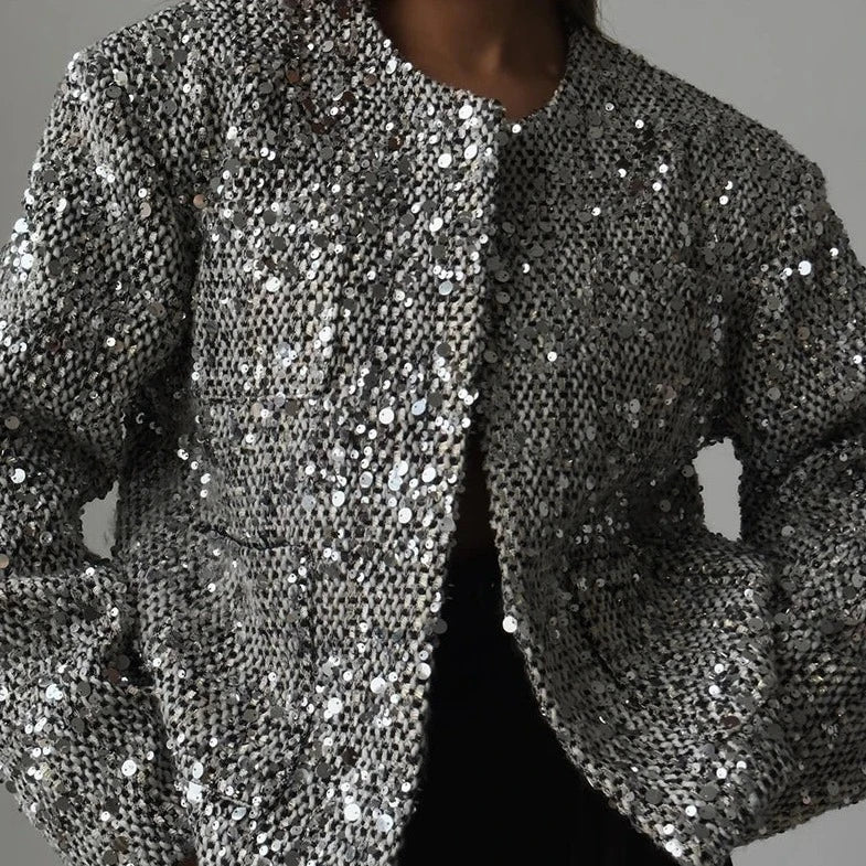Stylish sequin women's silver jacket  close up view
