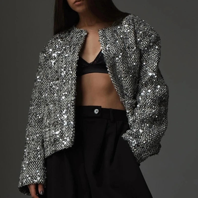 Stylish sequin women's silver jacket 