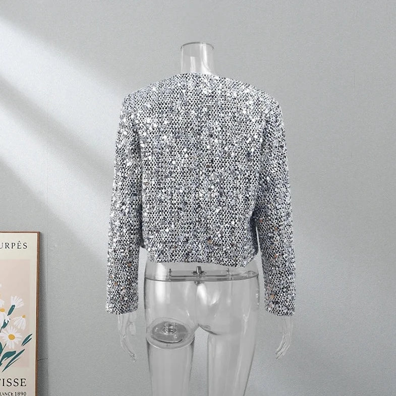 Stylish sequin women's silver jacket back view