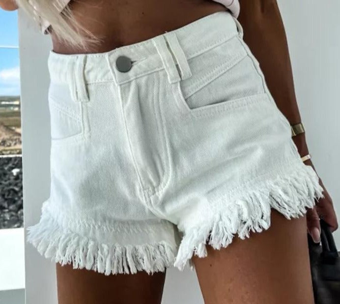 women's jean shorts with tassel white color