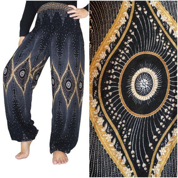 Black Handmade Boho Pants with Peacock Design - BeExtra! Apparel & More