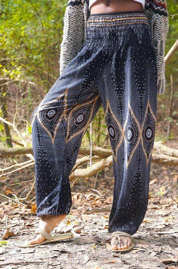 Black Handmade Boho Pants with Peacock Design - BeExtra! Apparel & More